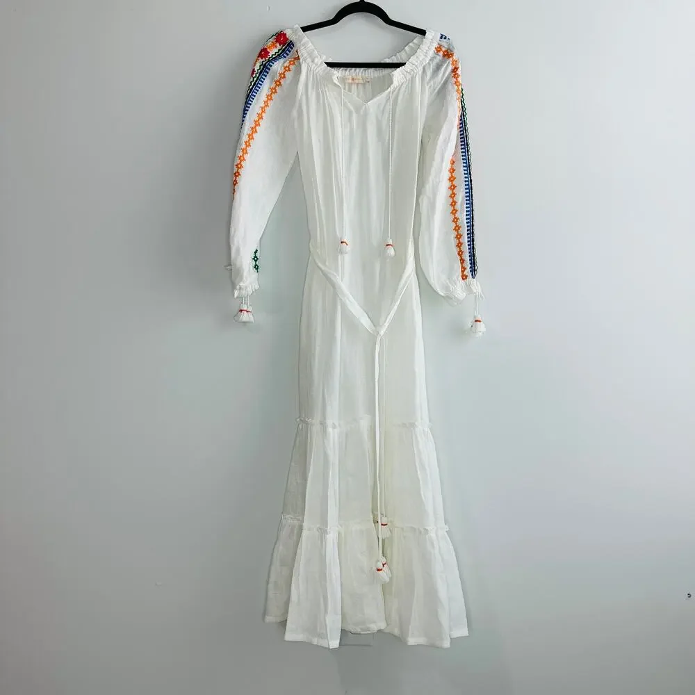 Tory Burch Embroidered Split Neck Long Sleeve Peasant Dress belted Women's Small